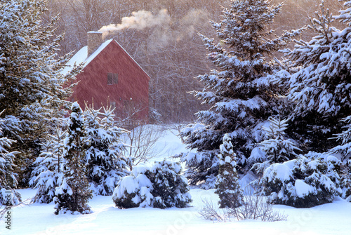 Winter scene in Pepperell, Massachusetts. White smoke rising from stone chimney of cozy warm home while wintery snowstorm covers branches of evergreen trees with fresh snow.