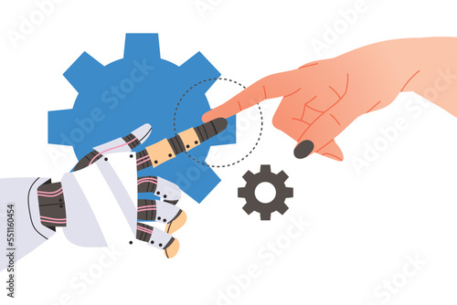 Robot Mechanical Hand and Human Touching Finger Testing Perception Vector Illustration