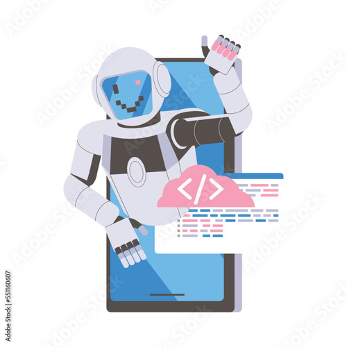 Metal Humanoid Robot Machine from Smartphone Screen Smiling and Showing Thumb Up Gesture Vector Illustration