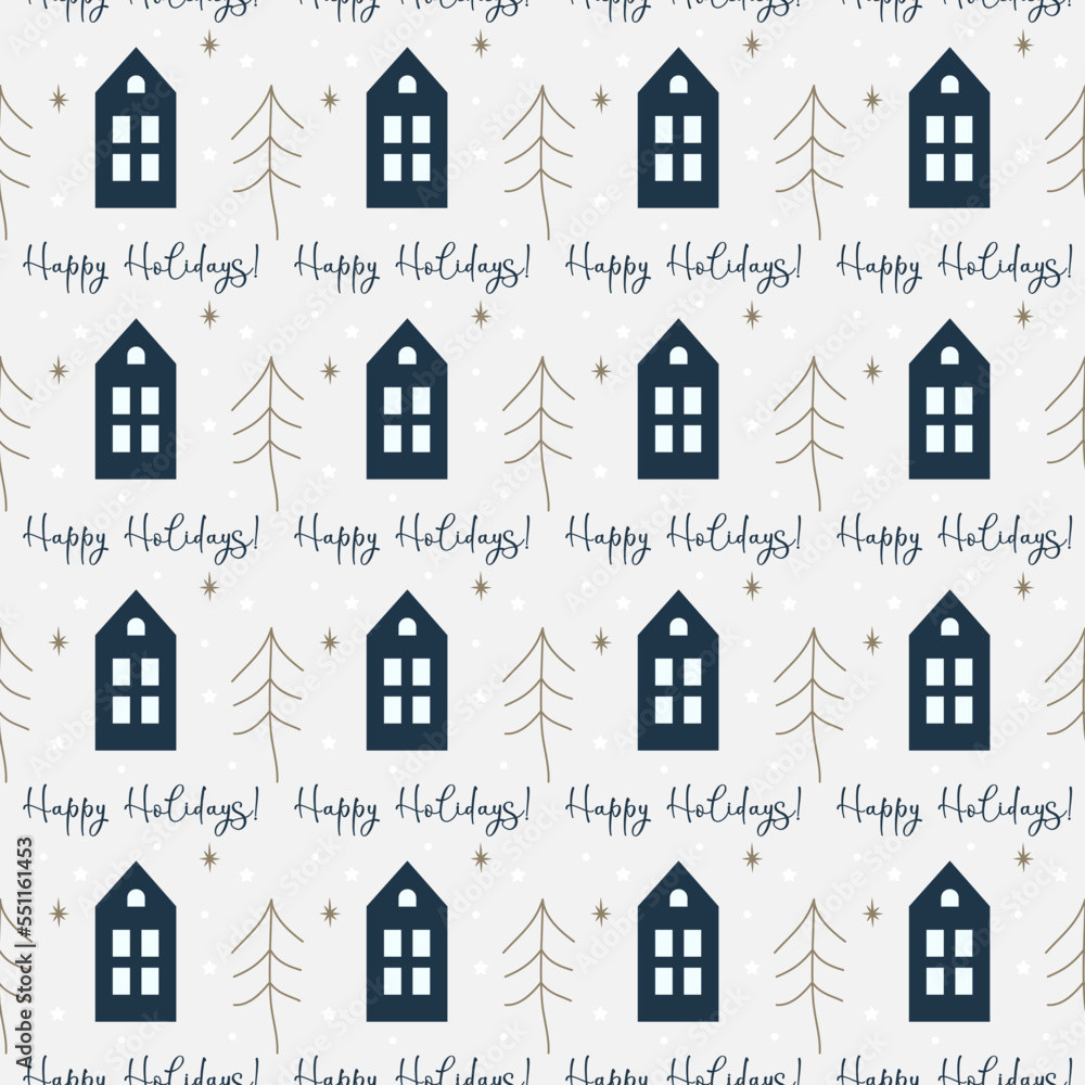 Vector seamless Happy holidays pattern. Winter new year pattern scandinavian style