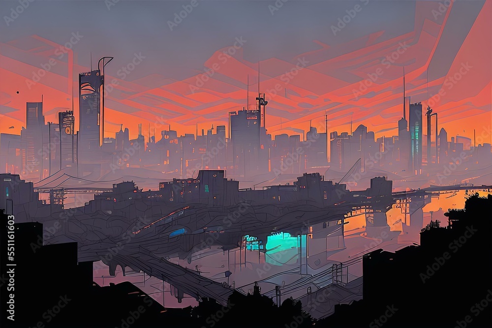futuristic city in the sunset