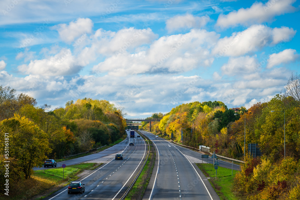 Fototapeta premium A5 dual carriageway during autumn season in Milton Keynes. England