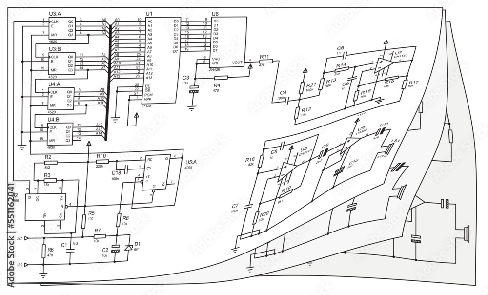 Electrical schematic diagram of a digital
electronic device. Vector drawing on a sheet of white paper.