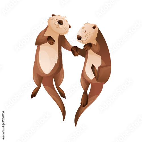 Pair of Sea Otter as Marine Mammal and Aquatic Creature with Brown Coat and Long Tail Swimming Together Vector Illustration