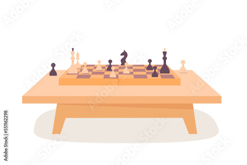 Table with board for chess strategy game and kids challenge, wooden desk with chessboard