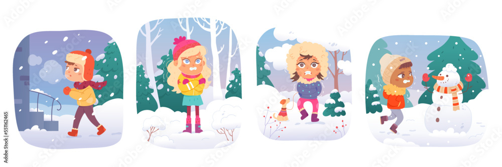 Kids shiver in cold winter weather set, boys and girls shivering outdoors, child freezing Kids shiver in cold winter weather set, boys and girls shivering outdoors, child freezing