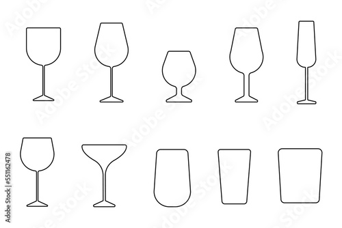 Wine and cognac glasses set, a collection of isolated icons, outline icon on a white background. Vector illustration. photo