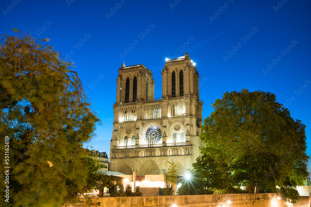 Notre Dame cathedral at blue hour in Paris. France