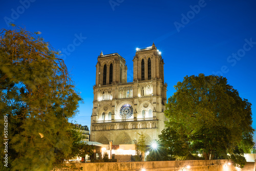 Notre Dame cathedral at blue hour in Paris. France