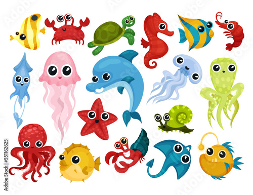 Funny Marine and Sea Animals with Octopus, Crab, Fish and Jellyfish Floating Underwater Vector Set