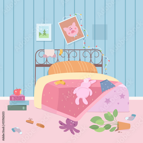 Messy kids bedroom, scattered clothes and dirty shoes, toys and green house plant