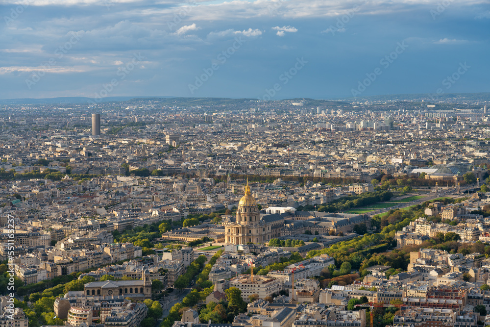 Aerial view of Les Invalides Cathedral dome in Paris. France