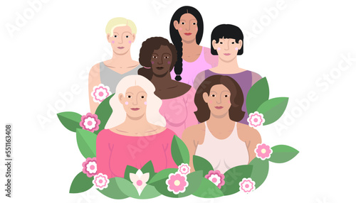 group of women  vector illustration of women of different ethnicities standing side by side  white background  diversity concept  International Women s Day