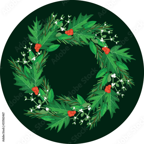 A large round wreath of spruce branches, decorated with holly leaves and red berries in the background. Festive winter decor.Postcard. Realistic vector ornaments. EPS 10.