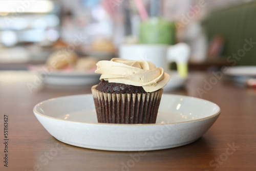 Chocolate frosted cupcake on plate
