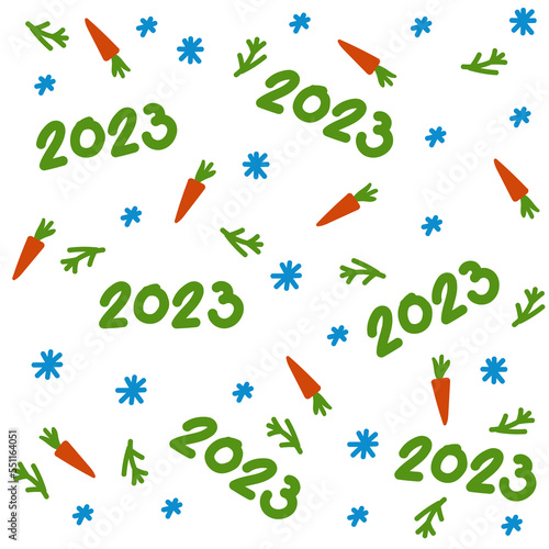 New Year pattern c 2023. Merry Christmas and Happy New Year for posters, holiday covers. With a carrot hare and snowflakes in a doodle background. Vector illustration