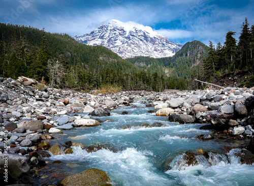Snow-capped Mount Rainier and the Nisqually River