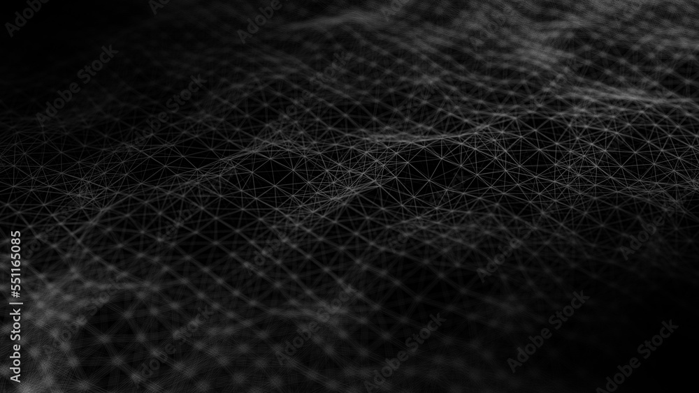Wave of digital particles on a black background. Abstract interlacing lines and points. Digital connection of elements. Simulation of the movement of small particles. 3D rendering. Wave of digital particles on a black background. Abstract interlacing lines and points. Digital connection of elements. Simulation of the movement of small particles. 3D rendering.