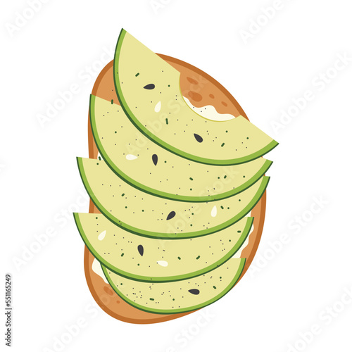 Avocado toast. Crispy white bread with curd cheese and slices of ripe avocado. Delicious breakfast sandwich garnished with sesame and seasoning. Healthy snack. Flat vector illustration.