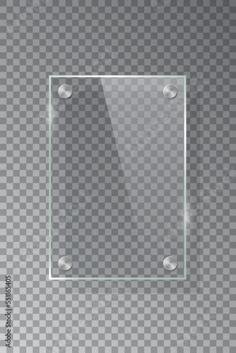 Glass vertical rectangle plate isolated on transparent background. Vector realistic acrylic frame with steel rivets