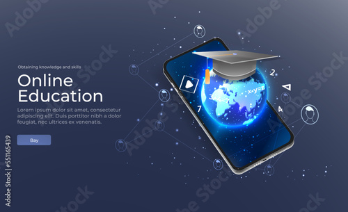 Digital vector illustration. Online education blue background or concept with earth planet. Online reading or courses. Online learning in digital classroom. Learning from anywhere in the world. Vector