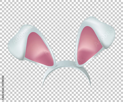 Rabbit ears realistic 3d vector illustration. Easter bunny ears kid headband, mask. Hare costume white and pink element. Photo editor, booth, video chat app isolated on transparent background