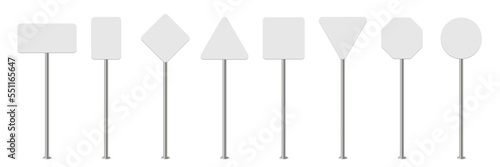 Road signs of different shapes on metal poles, 3d blank traffic boards for highway