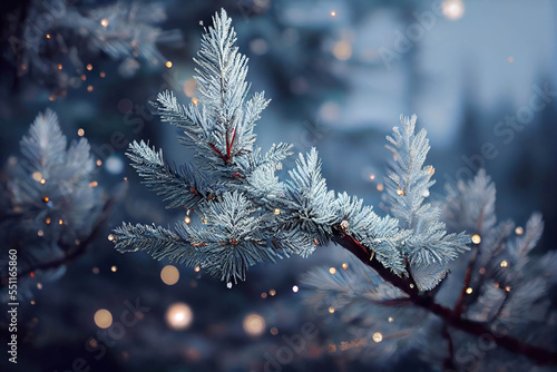 Wonderful spruce branch covered with frost on a blue background  AI generated image 