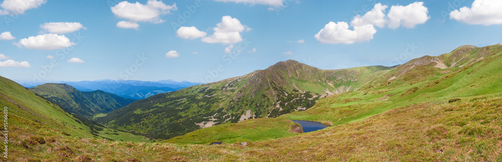 Alpine lake Brebeneckul on summer mountain ravine (Ukraine, Chornogora Ridge, Carpathian Mountains).