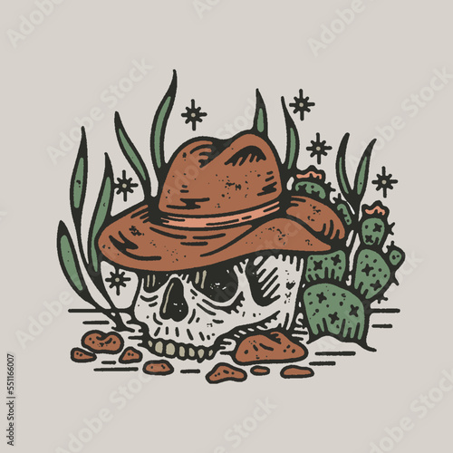 Vintage Western Desert Country Cowboy Skull with Cactus, Stars and Hat