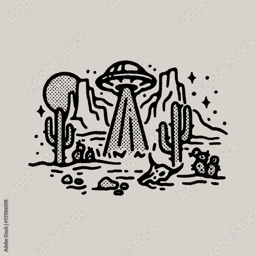 Vintage Western Country UFO Alien Desert Cactus, Stars and Bull Skull Scene