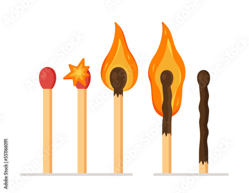 Vector illustration of match. Matches, incendiary matches and burned matches. Spark of fire. Lighting matches for the right cause. Matches are not a toy!