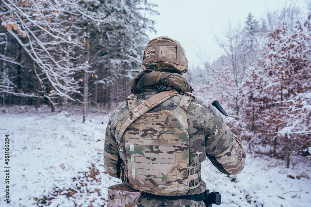 Fototapeta premium Russia patrol.Patrolling the area near the checkpoint. Mercenary. Assault rifle SA vz.58