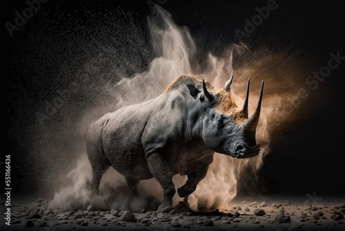 rhino in the wild exploding sand photo