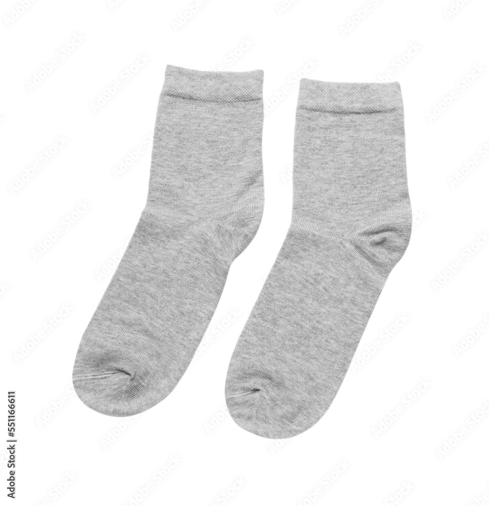 Pair of light grey socks isolated on white, top view Pair of light grey socks isolated on white, top view