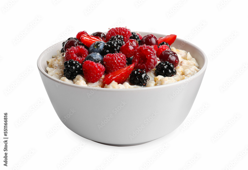 Bowl with tasty oatmeal porridge and berries on white background. Healthy meal Bowl with tasty oatmeal porridge and berries on white background. Healthy meal