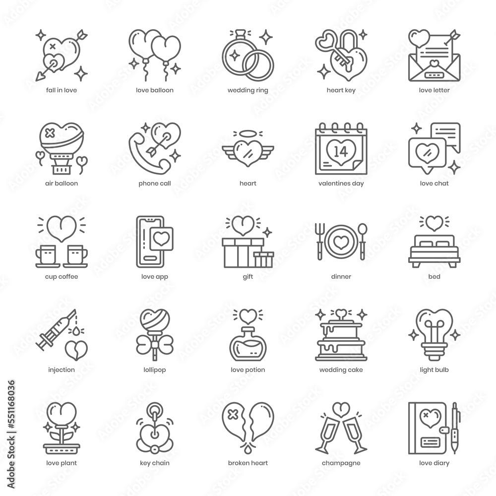 Valentines Day icon pack for your website design, logo, app, and user interface. Valentines Day icon outline design. Vector graphics illustration and editable stroke.