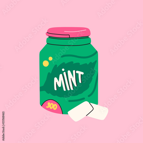 Green bubblegum bottle with mint flavour. Chewing pads for fresh breath. Classic 80’s or 90’s trendy retro style vector items. Funky vector illustration. All items are isolated