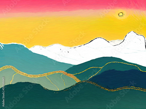 Digital drawing African desert and hills landscape painting. Cartoon style with watercolor and pencil strokes. Wall art print for canvas. Art for sale.