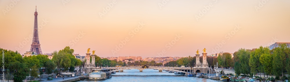 Pont Alexandre III bridge and Eiffel Tower at sunrise in Paris. France