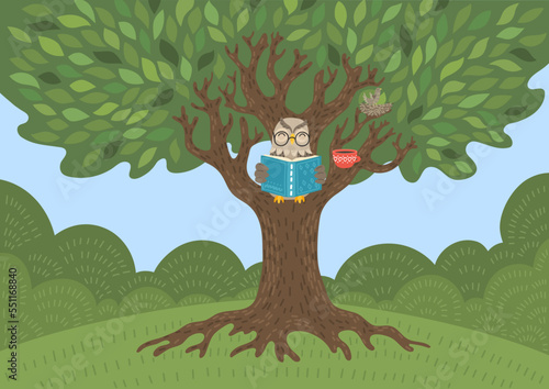 Owl reads book on big tree. Children illustration, literature, storytime, education concept. 