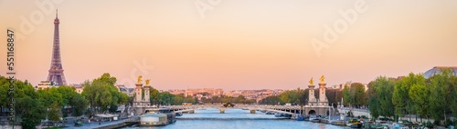 Pont Alexandre III bridge and Eiffel Tower at sunrise in Paris. France