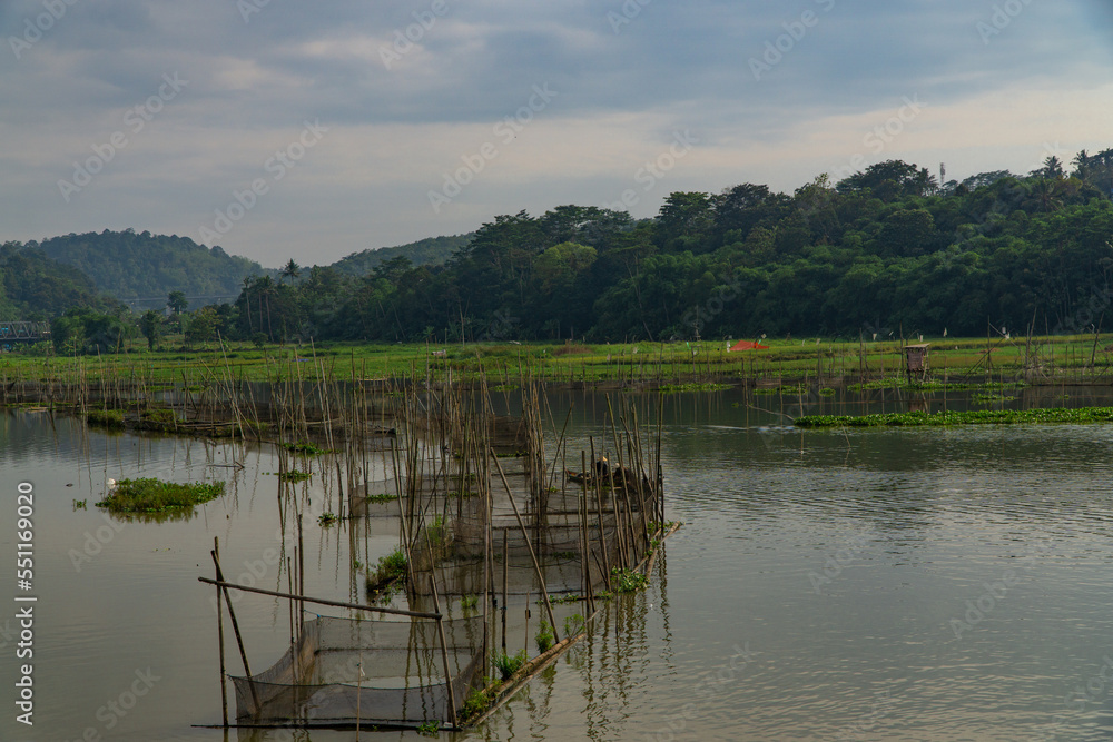 Fish cages installed in the lake