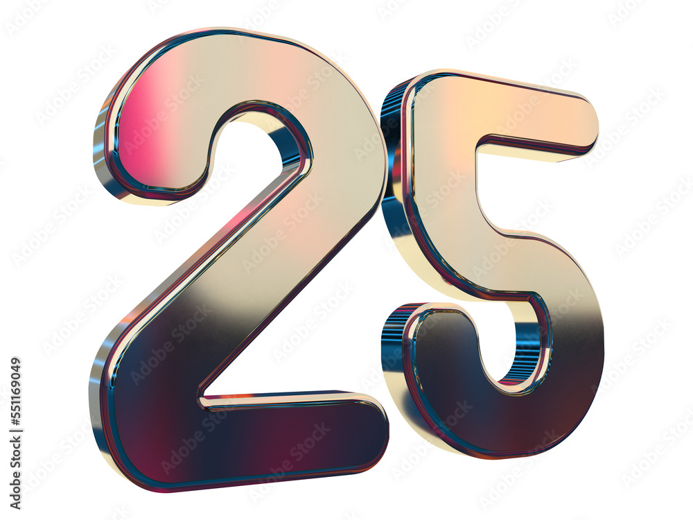 Isolated Logo of 25, Silver Jubilee Anniversary. Gold Metallic 3D