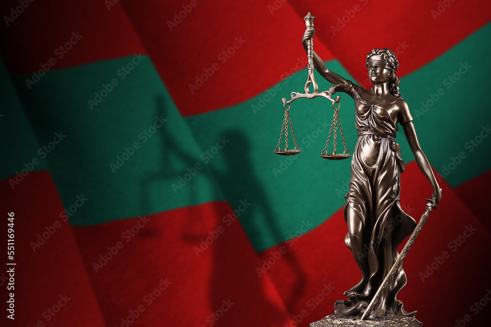 Obraz na płótnie Transnistria flag with statue of lady justice and judicial scales in dark room. Concept of judgement and punishment, background for jury topics w salonie