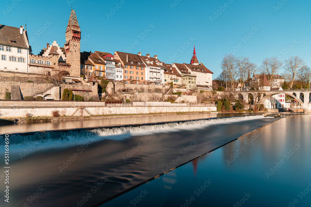 Naklejka premium Long exposure of an old town with river