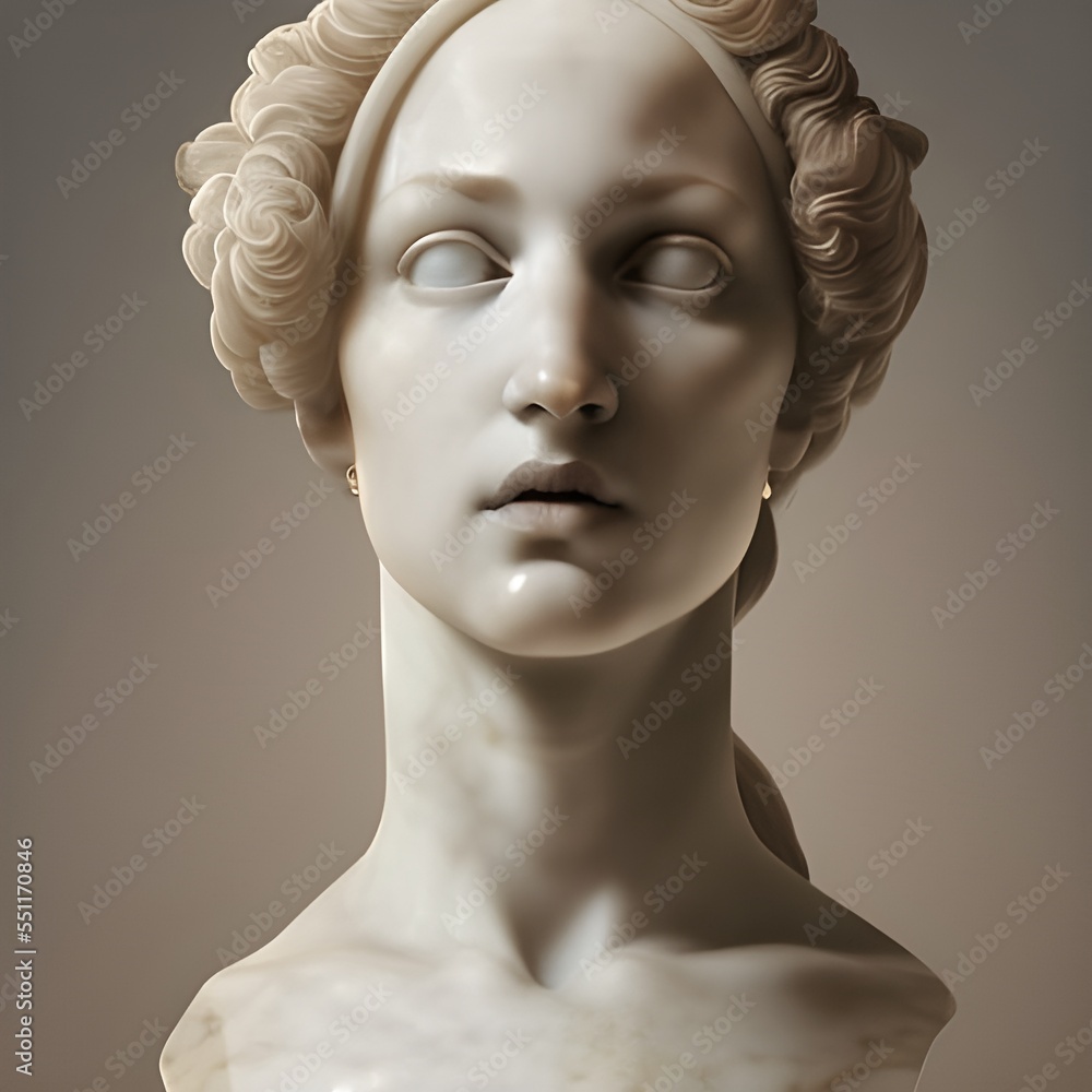 3D illustration featuring the white marble bust of a beautiful, elegant  noble woman from the renaissance era or medieval middle ages. Statue of a  renaissance girl. ilustração do Stock
