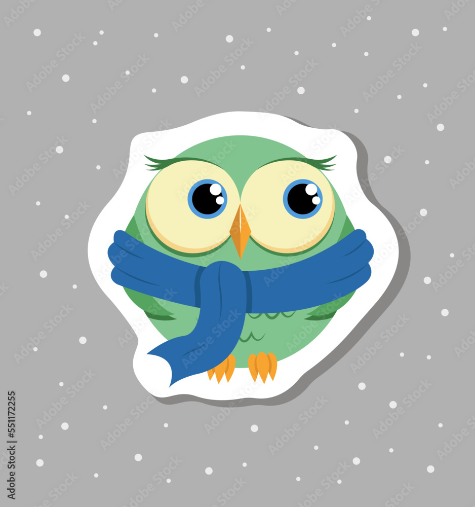 Obraz premium Cartoon owl in blue scarf vector sticker design