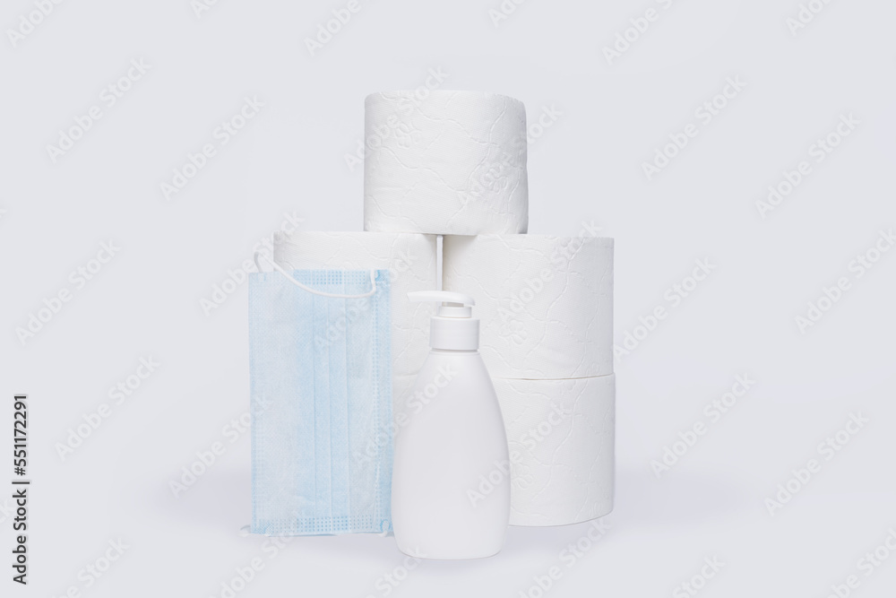 mask toilet paper and soap on white background. High quality photo mask toilet paper and soap on white background. High quality photo