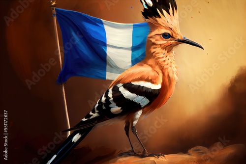  a bird with a flag on its back is standing on a rock and has a blue and white flag in its beak. Generative AI